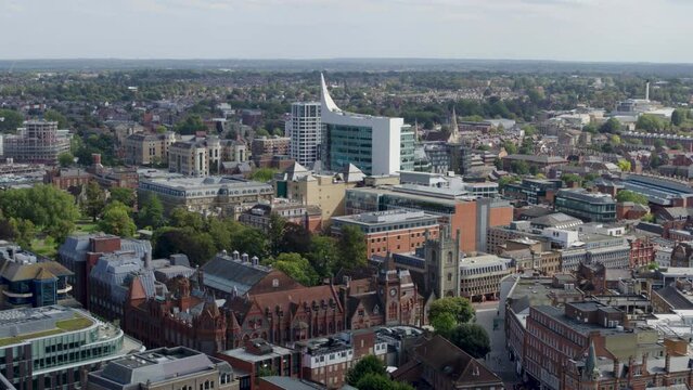 Aerial establishing shot ofcentral Reading UK