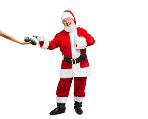 Portrait of senior man in image of Santa Claus paying with his phone isolated over white background. Contactless payment
