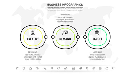 Business vector infographics with three circles. Hand drawn timeline visualization with 3 steps for diagram, flowchart, banner, presentations, web, content, levels, chart, graphic