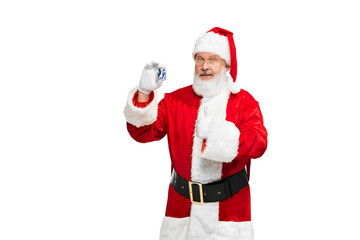 Portrait of senior man in image of Santa Claus posing with pills isolated over white background. Health care