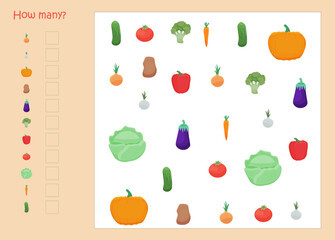 Vector learning game. how many vegetables are in the picture? Educational game for kids. Exercises to study. Vector illustration.