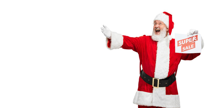 Portrait of senior man in image of Santa Claus isolated over white background. Super sales