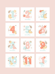 Fototapeta na wymiar Set of baby milestone cards for newborn girl from one month to one year. Baby shower print with cute animal dino and flowers capturing all special moments