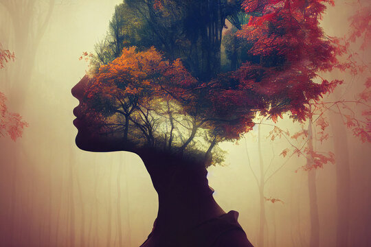 Abstract double exposure background, silhouette of a girl and a forest, digital illustration