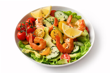 Fresh seafood salad with shrimps, prawns, avocado isolated on a white background. Shrimps salad. Healthy diet concept. Top view, copy space.