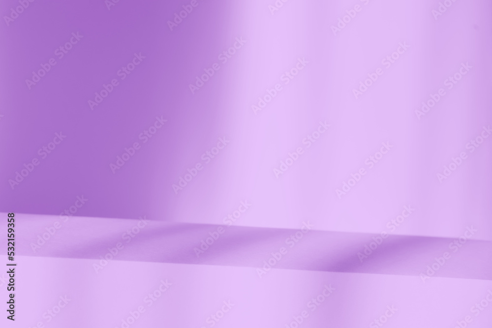 Poster Abstract purple studio with podium background for product presentation. Empty room with shadows of window. Display product with blurred backdrop.