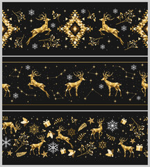Christmas seamless gold borders with deers, stars and herbs on black background. Vector set illustrations