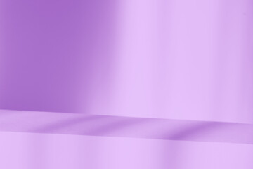 Abstract purple studio with podium background for product presentation. Empty room with shadows of window. Display product with blurred backdrop.
