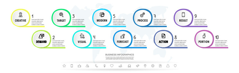 Modern infographics vector template. Business data visualization. White process chart. Simple design with 10 circles, steps, options, parts or processes.
