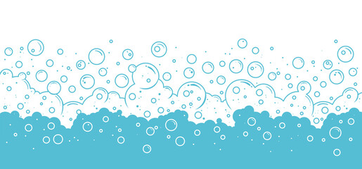 Soap bubbles vector background, foam frame, blue water pattern, cartoon transparent suds. Abstract illustration - obrazy, fototapety, plakaty