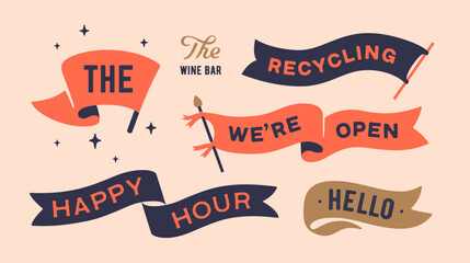 Set vintage graphic. Ribbon, flag, board with text We are Open, Happy Hour, Hello. Isolated vintage old school set ribbon banner. Retro set vintage flag, ribbon, graphic. Vector Illustration - 532159772