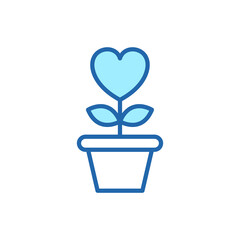 Heart Shape Flower in Pot with Leaf Line Icon. Charity, Love and Romance Symbol Linear Pictogram. Bloom Plant Grow in Flowerpot Outline Icon. Editable Stroke. Isolated Vector Illustration