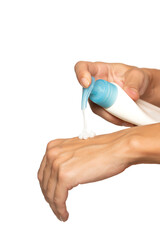 Woman hands pushing pump plastic body milk bottle on white background