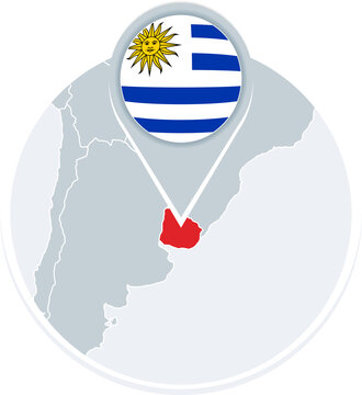 Uruguay map and flag, map icon with highlighted Uruguay