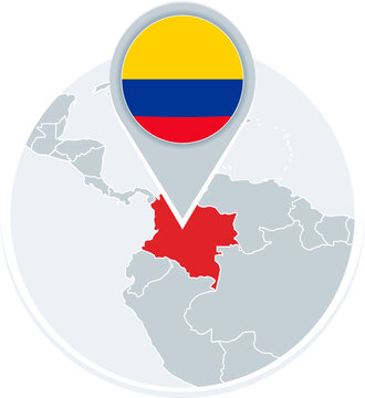 Colombia map and flag, map icon with highlighted Colombia