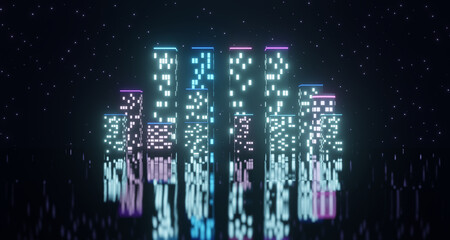 neon colored glowing city in the night with stars, 3d render