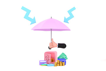 hand hold umbrella Piles of golden coins, banknotes and safe.