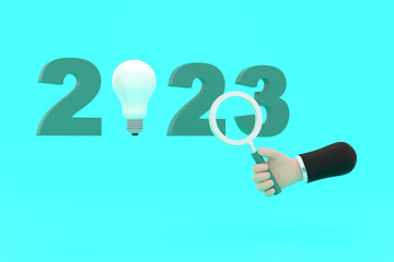 light bulb and magnifying glass. finding or searching ideas concept on new year.