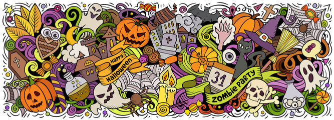 Happy Halloween hand drawn cartoon doodles illustration.