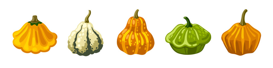 Cute hand drawn decorative gourd, patty pan, pumpkin and squash. Cartoon vector illustration.