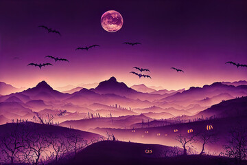 halloween background with pumpkin, moody purple night with the moon and bats, 3d render, 3d illustration