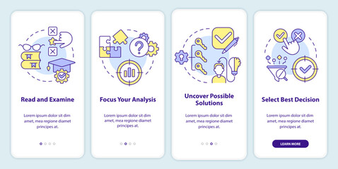 Structure of case study onboarding mobile app screen. Research walkthrough 4 steps editable graphic instructions with linear concepts. UI, UX, GUI template. Myriad Pro-Bold, Regular fonts used
