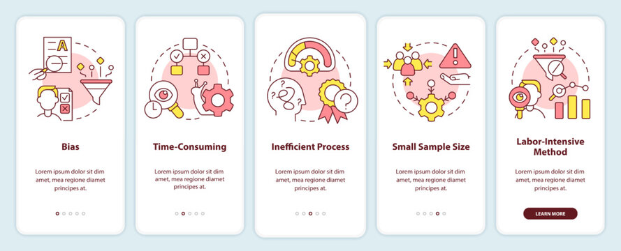 Disadvantages Of Case Study Onboarding Mobile App Screen. Issues Walkthrough 5 Steps Editable Graphic Instructions With Linear Concepts. UI, UX, GUI Template. Myriad Pro-Bold, Regular Fonts Used
