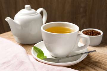 Freshly made buckwheat tea served on wooden table