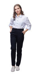 office worker young lady in full-length trousers and white blouse, isolate