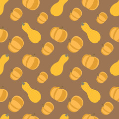 Pattern of yellow pumpkins on a brown background. For fabrics and wrapping paper. Vector.