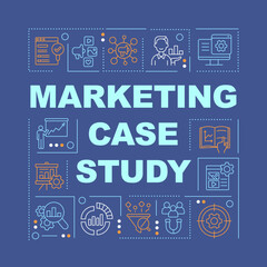 Marketing case study word concepts dark blue banner. Business. Infographics with editable icons on color background. Isolated typography. Vector illustration with text. Arial-Black font used