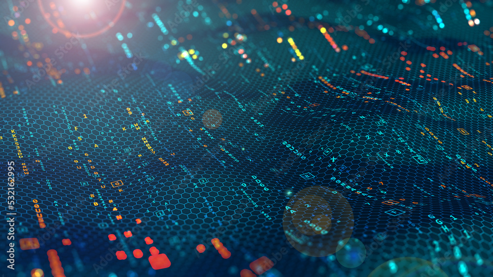 Poster Neon network of digital data streams. 3D illustration of cyber field hi-tech neuro grid