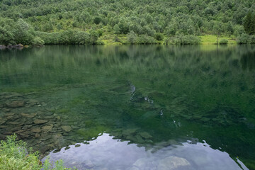 Wonderful landscapes in Norway. Vestland. Beautiful scenery of Lygnstoylvatnet lake. Remains of the flooded house foundations through the surface of the water are visible. Cloudy day. Selective focus