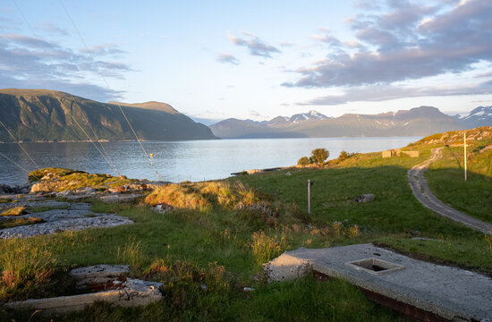 Hareid, Norway - June 25, 2022: Kvitneset costal Fort was built by the Germans during Second World War with firing positions, prison camps, command bunkers, anti-tank positions. Selective focus