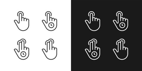 Long tap pixel perfect linear icons set for dark, light mode. Double finger touch. Multi touch. Touchscreen control. Thin line symbols for night, day theme. Isolated illustrations. Editable stroke