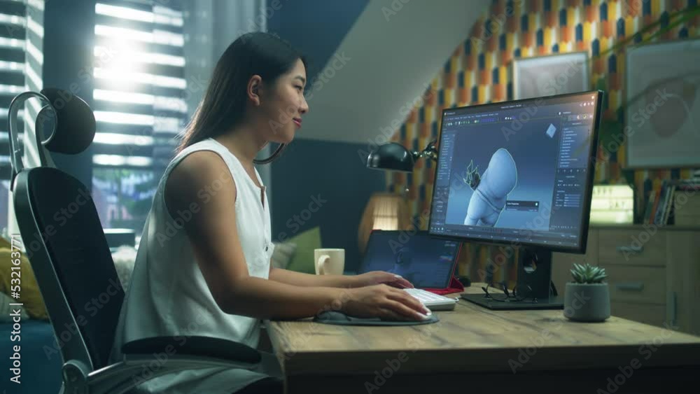 Poster asian woman creating 3d model of video game character in professional program using computer and dig