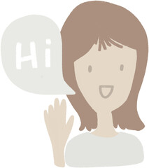 Female cartoon character smiling face, saying Hi clipart. Hand drawn isolated graphic.