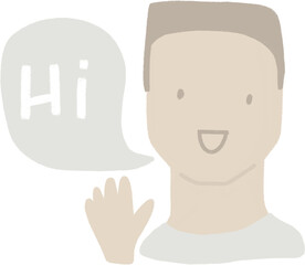Young white man cartoon character smiling face, saying Hi clipart. Male head hand drawn isolated graphic.