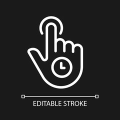 Hold pixel perfect white linear icon for dark theme. Long press. Touchscreen control. Smartphone navigation. Thin line illustration. Isolated symbol for night mode. Editable stroke. Arial font used
