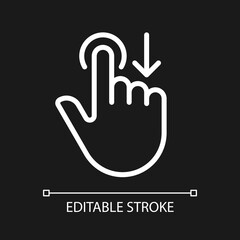 Obraz premium Move downwards pixel perfect white linear icon for dark theme. Swipe down. Touchscreen control. Drag and draw. Thin line illustration. Isolated symbol for night mode. Editable stroke. Arial font used