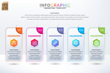 Infographic vector business marketing design hexagon icons colorful template. 5 options minimal style in round corner. You can used for Marketing process, workflow presentations layout, flow chart