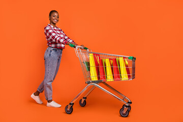 Full size photo of positive pretty lady push trolley packages toothy smile isolated on orange color background