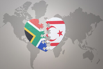 puzzle heart with the national flag of south africa and northern cyprus on a world map background. 3D illustration