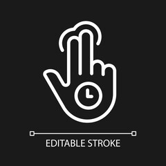 Double finger holding pixel perfect white linear icon for dark theme. Two fingers long tap. Touchscreen. Thin line illustration. Isolated symbol for night mode. Editable stroke. Arial font used