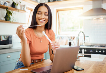 Home covid test, woman at table check healthcare and digital innovation technology. Online telehealth patient with medical pcr kit in hand, happy smile with rapid antigen and corona virus infection © Nicholas Felix/peopleimages.com
