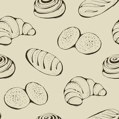 Seamless beige pattern with hand drawn pastry