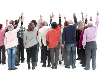 Group of adults people raising their hands up