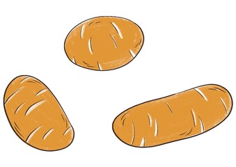 Illustration de nourriture: pomme de terre. Trois patates de tailles différentes sur fond blanc, pour un repas riche en féculent. 