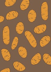 Pour les amateurs de patates. Illustration d’un motif pomme de terre sur fond marron, format horizontal. 