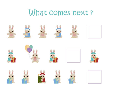 Vector learning game. What will happen next? Cute winter rabbit in the picture. We need to find out who will be next. Educational game for kids.   Vector illustration.  Simple winter game for kids.